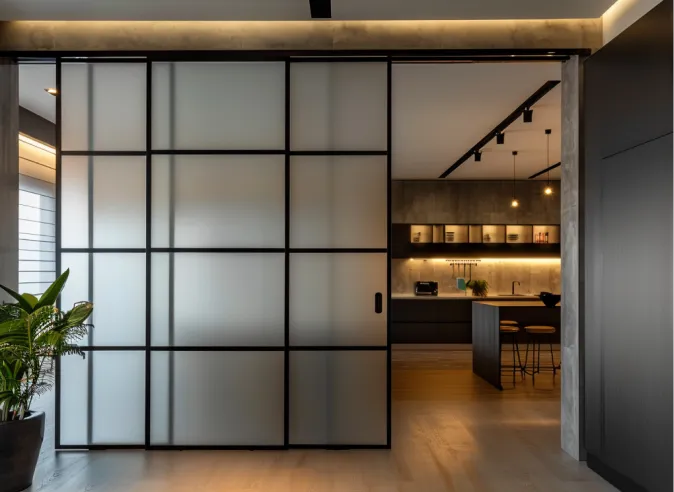 Раздвижная матовая стеклянная перегородка Gintereo для зонирования кухни. Купить, заказать перегородки из стекла (сатината)